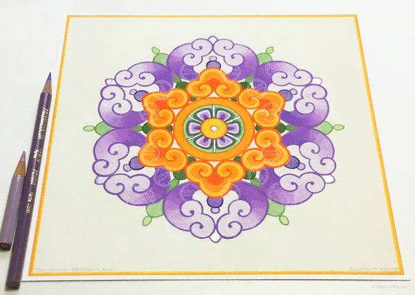 Purple, orange & palladium gilded Chinese flower design illuminated artwork 8” x 8”- Color & Gold LLC © Bridgette Kelling