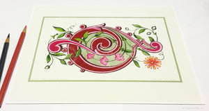Framed red & green illumination with 24 kt gold gilding, "Peppermint Spiral" 8” x 10”- Color & Gold LLC © Bridgette Kelling