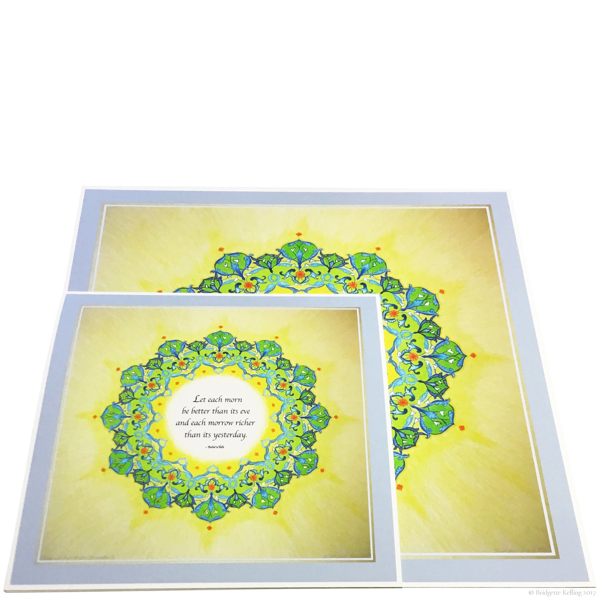 Green, yellow & 24 kt gold & palladium gilded mandalas with a Bahá’í quote on having a better day 8” x 8” - Color & Gold LLC © Bridgette Kelling