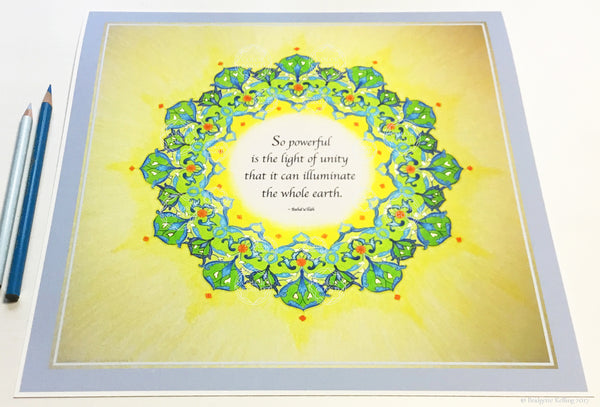 Green, yellow & 24 kt gold gilded mandala with a Bahá’í quotation on unity 8” x 8” - Color & Gold LLC © Bridgette Kelling