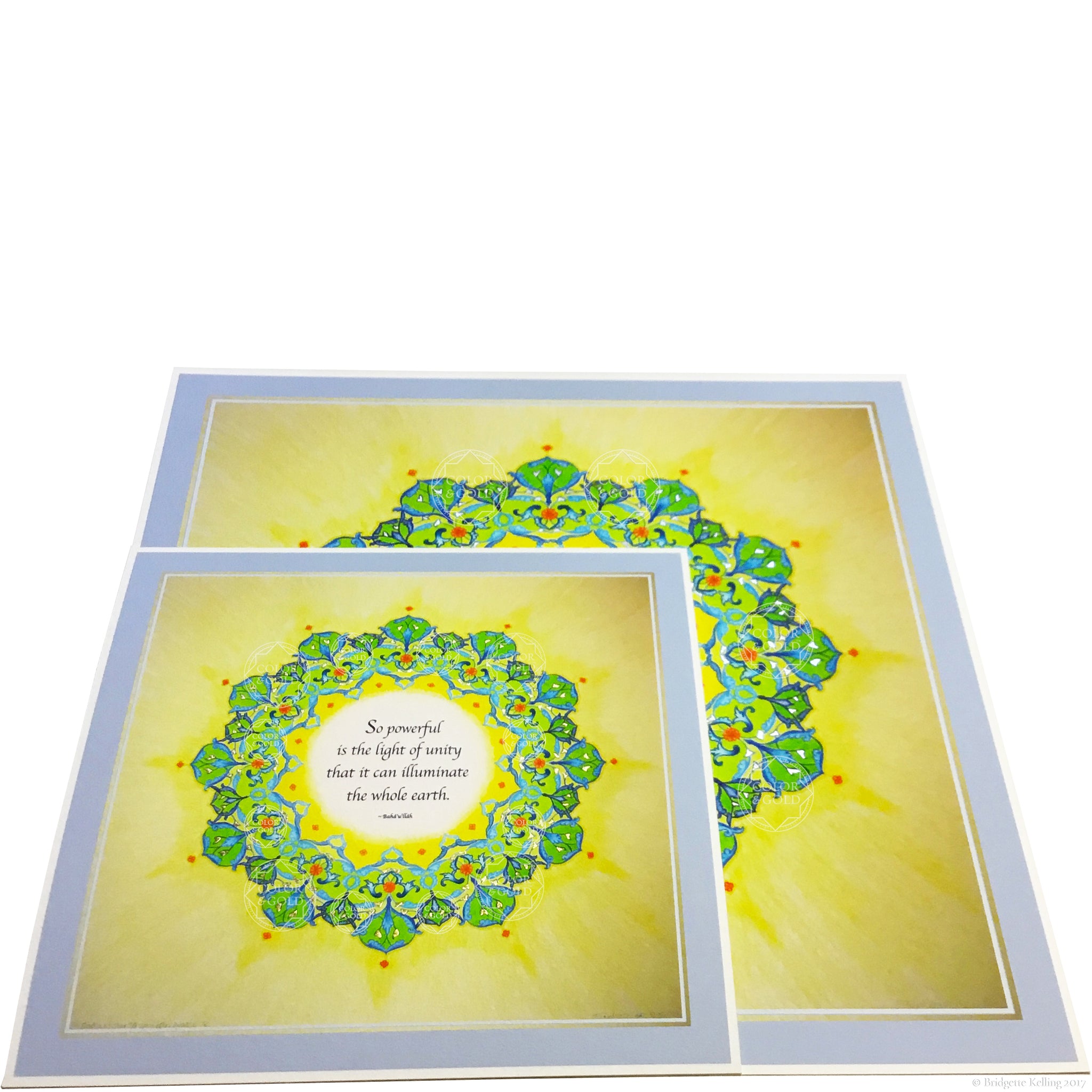 Green, yellow & 24 kt gold and palladium gilded mandalas with a Bahá’í quotation on unity - Color & Gold LLC © Bridgette Kelling