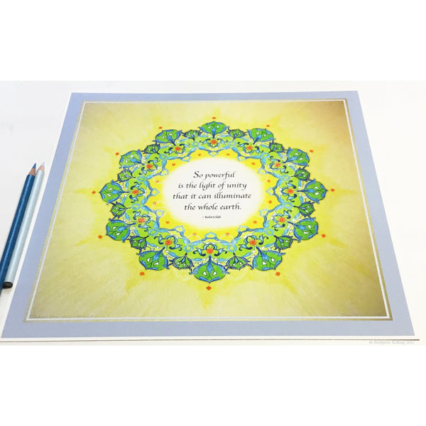 Green, yellow & palladium gilded mandala with a Bahá’í quotation on unity 12” x 12” - Color & Gold LLC © Bridgette Kelling