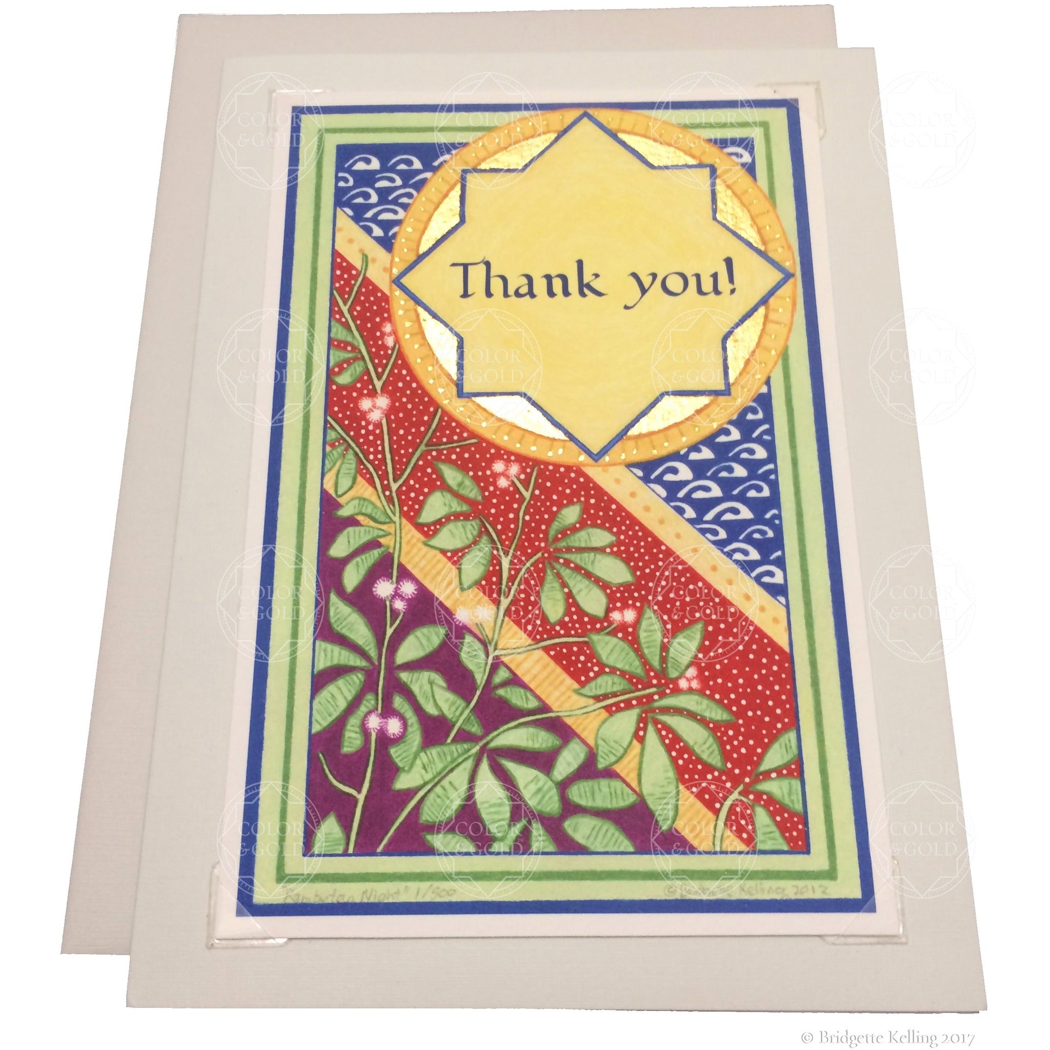 Blue, red, green, mulberry & gold gilded thank you card with a removable “Rambutan” illumination - Color & Gold LLC © Bridgette Kelling
