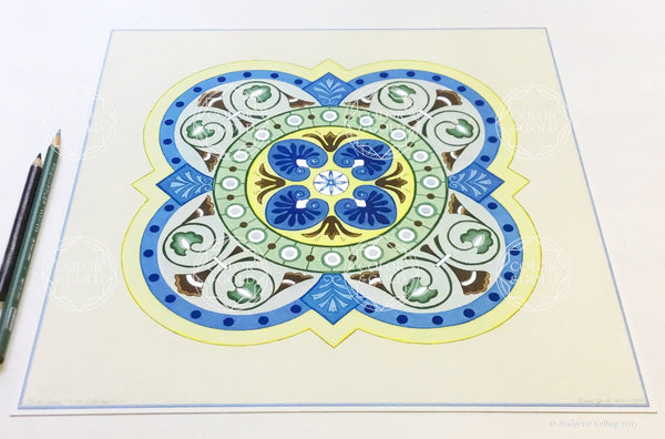 Blue, green, yellow & palladium gilded tile design “Silver Sage” illumination 12” x 12” - Color & Gold LLC © Bridgette Kelling