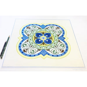 Blue, green, yellow & palladium gilded tile design “Silver Sage” illumination 16” x16” - Color & Gold LLC © Bridgette Kelling